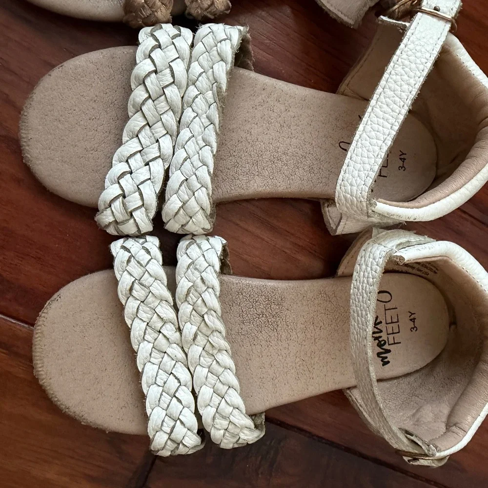 Monkey Feet Kids 11 Braided Leather Sandals Gold White Size 3-4Y Boho Summer‎